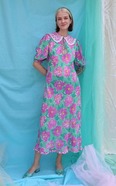 Rixo London Lauren Crochet-trimmed Floral-print Crepe Midi Dress In  Pink,green | ModeSens