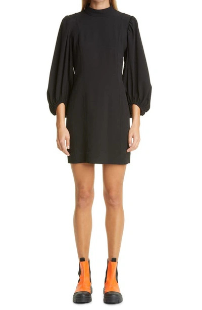 Ganni Heavy Crepe Blouson-sleeve Dress In Black