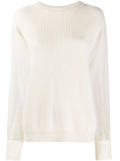Brunello Cucinelli Sheer Sleeve Rib Cashmere Sweater In Pearl Grey