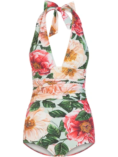Dolce & Gabbana Camellia-print One-piece Swimsuit With Plunging Neckline In Pink