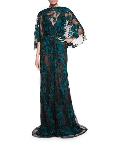 Monique Lhuillier Embroidered Capelet Illusion Gown, Black/forest Green In Noir/forest Green