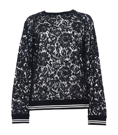 Valentino Lace Sweatshirt With Varsity Stripes, Black In Ivory