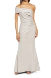Eliza J Petite One-bow-shoulder Sequin Satin Gown In Champagne