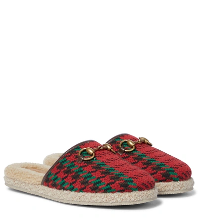 Gucci Fria Shearling-lined Houndstooth Tweed Slippers In Red