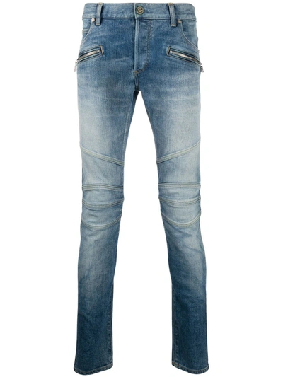 Balmain Logo-embossed Panelled Slim-leg Jeans In Blue