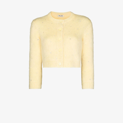 Miu Miu Crystal Embellished Wool Cardigan - Women's - Wool/mother Of Pearl/synthetic Crystal In Yellow