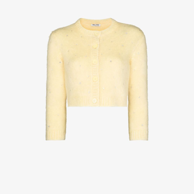 Miu Miu Diamante Embroidered Mohair-blend Cardigan In Yellow