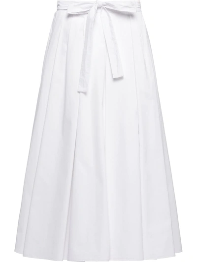Prada Pleated Poplin Belted Midi Skirt In White