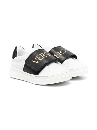 Versace Kids' Logo Print Leather Sneakers In White,black