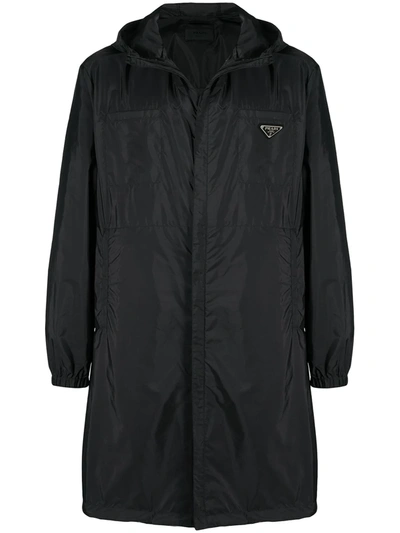 Prada Logo-plaque Re-nylon Hooded Raincoat In Black
