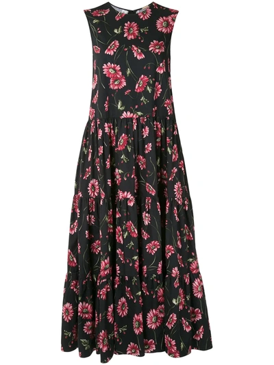 Adam Lippes Floral Print Cotton Poplin Maxi Dress In Black