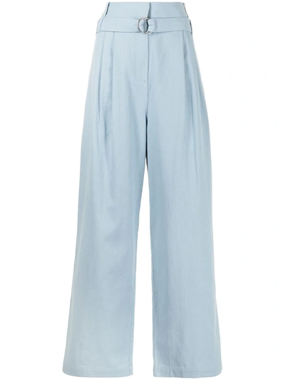 Tibi Stella Belted Cotton-drill Wide-leg Trousers In Blue