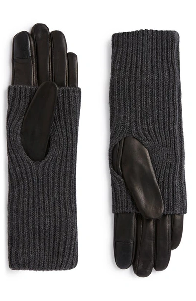 Allsaints Knit & Leather Gloves In Charcoal