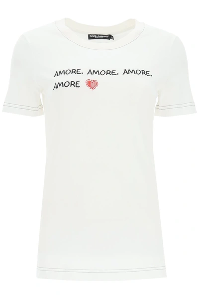 Dolce & Gabbana Amore T-shirt With Logo Embroidery In Bianco