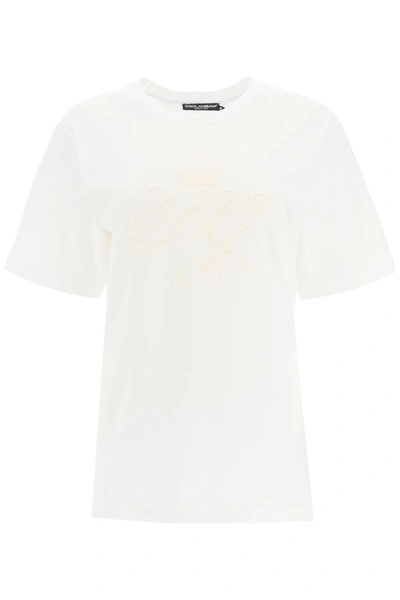 Dolce & Gabbana Embroidery Logo Cotton T-shirt In Bianco Ottico