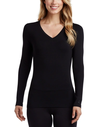 Cuddl Duds Plus Size Softwear Lace-edge Long-sleeve V-neck Top In Black