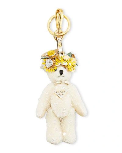 Prada Enea Bear Keychain With Flower Crown In White