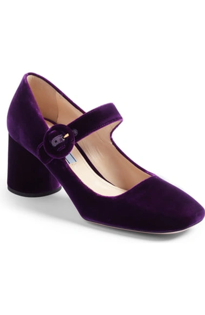 Prada Velvet Mary Jane Block Heel Pumps In Purple