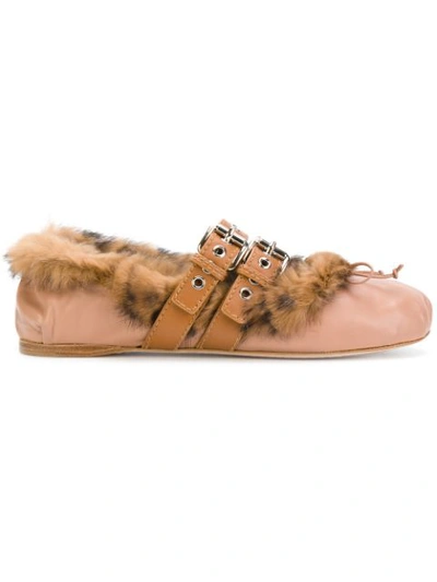 Miu Miu Buckle-fastening Leather Fur-lined Ballet Flats In Cammeo Naturale