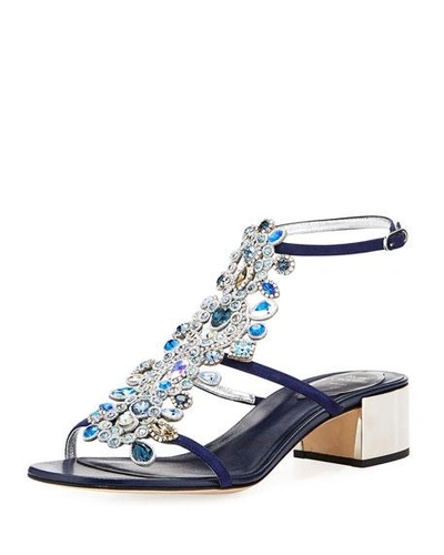 René Caovilla Crystal Jeweled Block-heel Sandal, Blue In Blue Pattern