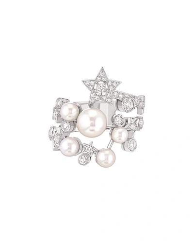 Pre-owned Chanel Com&egrave;te Ring In 18k White Gold, Cultured Pearls And Diamonds