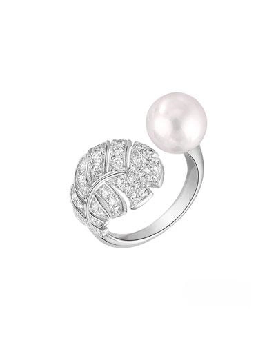 Pre-owned Chanel Perle Plume Ring In 18k White Gold, Cultured Pearl And Diamonds