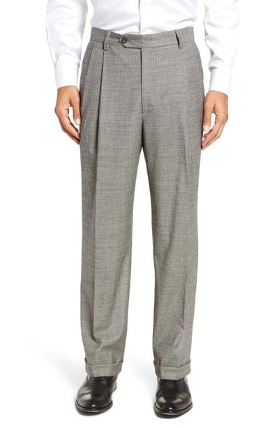 Berle Touch Finish Pleated Houndstooth Classic Fit Stretch Wool Dress Trousers In Black/ White