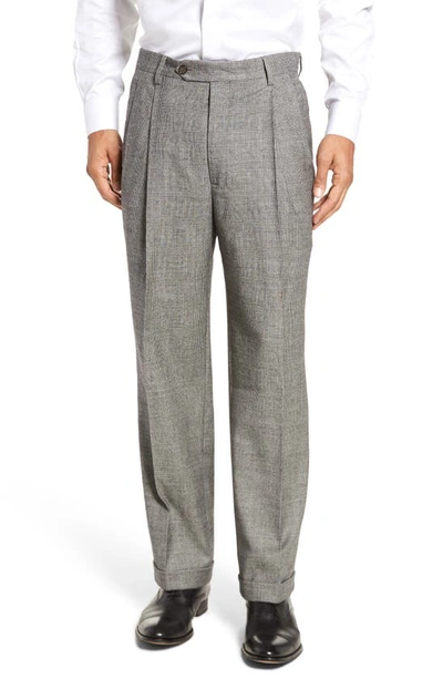 Berle Touch Finish Pleated Plaid Classic Fit Stretch Wool Trousers In Black/ White