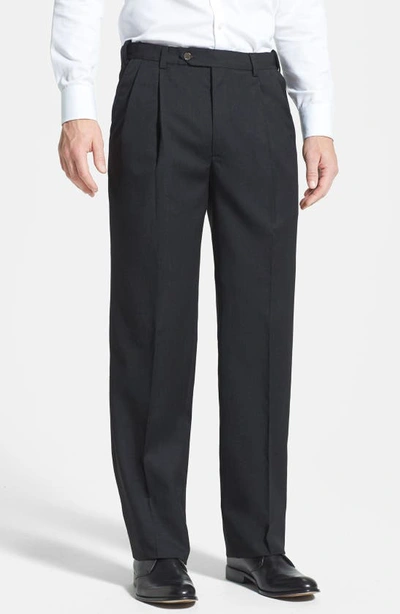 Berle Self Sizer Waist Pleated Classic Fit Wool Gabardine Dress Pants In Charcoal