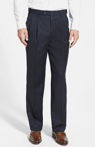 Berle Self Sizer Waist Pleated Classic Fit Wool Gabardine Dress Trousers In Navy