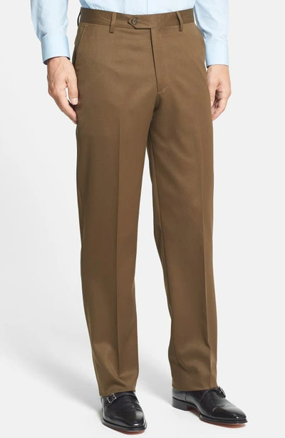 Berle Flat Front Classic Fit Wool Gabardine Dress Trousers In Tobacco