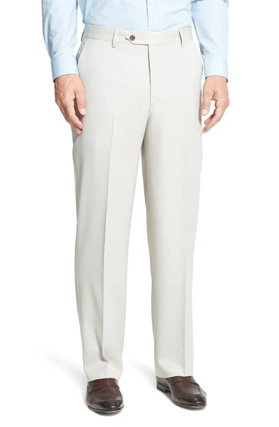 Berle Flat Front Classic Fit Wool Gabardine Dress Trousers In Stone