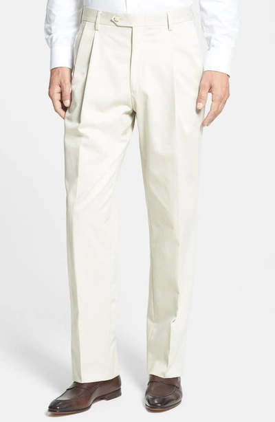 Berle Pleated Classic Fit Cotton Dress Trousers In Stone