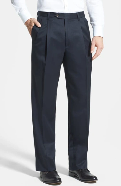 Berle Pleated Classic Fit Wool Gabardine Dress Pants In Navy