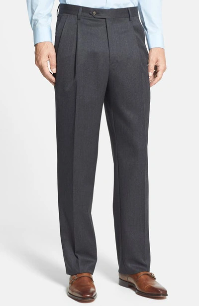 Berle Pleated Classic Fit Wool Gabardine Dress Trousers In Charcoal