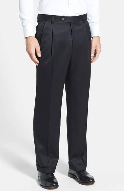 Berle Pleated Classic Fit Wool Gabardine Dress Trousers In Black