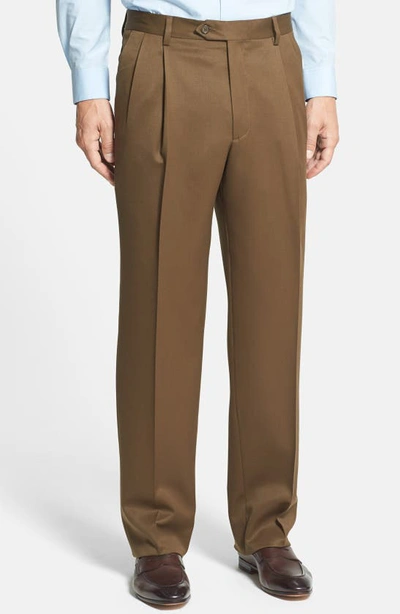 Berle Pleated Classic Fit Wool Gabardine Dress Trousers In Tobacco