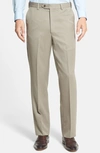 Berle Self Sizer Waist Flat Front Classic Fit Wool Gabardine Trousers In Tan