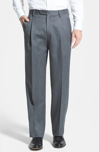 Berle Pleated Classic Fit Wool Gabardine Dress Trousers In Medium Grey