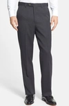 Berle Self Sizer Waist Flat Front Classic Fit Wool Gabardine Trousers In Charcoal