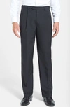 Berle Self Sizer Waist Pleated Lightweight Plain Weave Classic Fit Trousers In Black