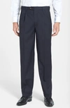 Berle Self Sizer Waist Pleated Lightweight Plain Weave Classic Fit Trousers In Navy