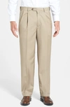 Berle Self Sizer Waist Pleated Lightweight Plain Weave Classic Fit Trousers In Tan