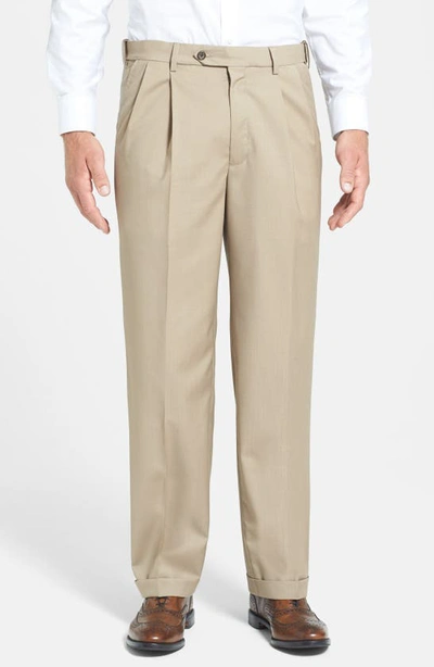 Berle Self Sizer Waist Pleated Lightweight Plain Weave Classic Fit Trousers In Tan