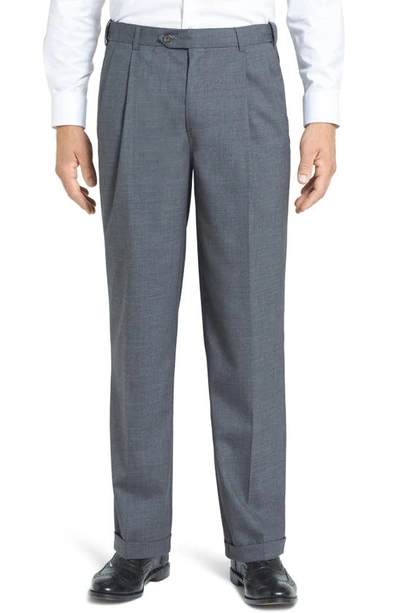 Berle Self Sizer Waist Pleated Lightweight Plain Weave Classic Fit Trousers In Medium Grey