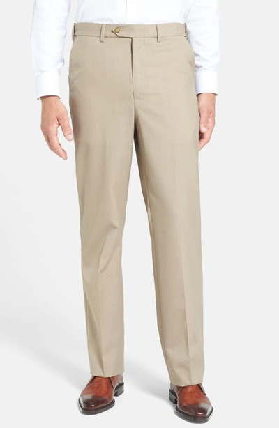 Berle Self Sizer Waist Plain Weave Flat Front Washable Trousers In Tan