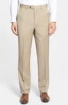Berle Self Sizer Waist Flat Front Lightweight Plain Weave Classic Fit Trousers In Tan