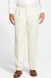 Berle Self Sizer Waist Pleated Classic Fit Microfiber Trousers In Stone