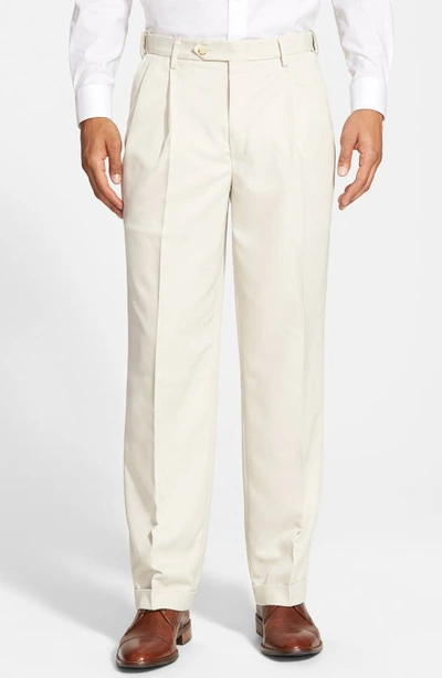 Berle Self Sizer Waist Pleated Classic Fit Microfiber Trousers In Stone