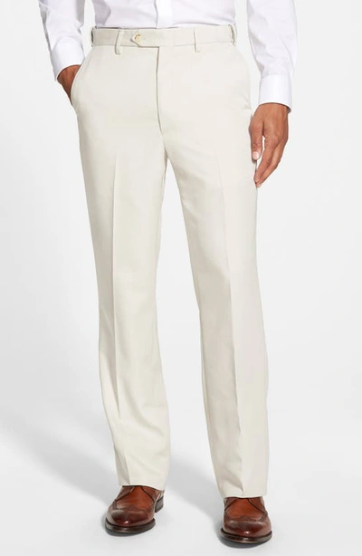 Berle Self Sizer Waist Flat Front Classic Fit Microfiber Trousers In Stone